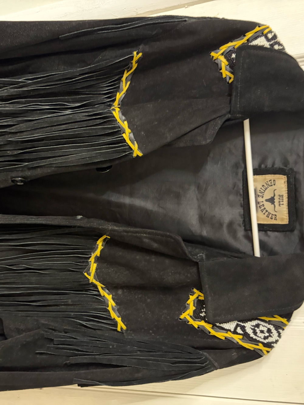 Tobi Black Suede Fringe Jacket with Yellow Stitch Accents
